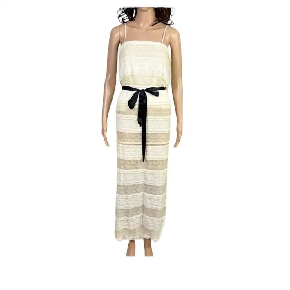 Miguelina Ivory White Lace Striped Sleeveless Square Neckline Maxi Dress XS